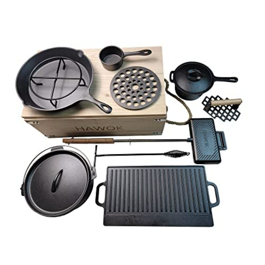 Camping Cooking Box Set - Pre-seasoned Cast Iron Dutch Oven Camping
