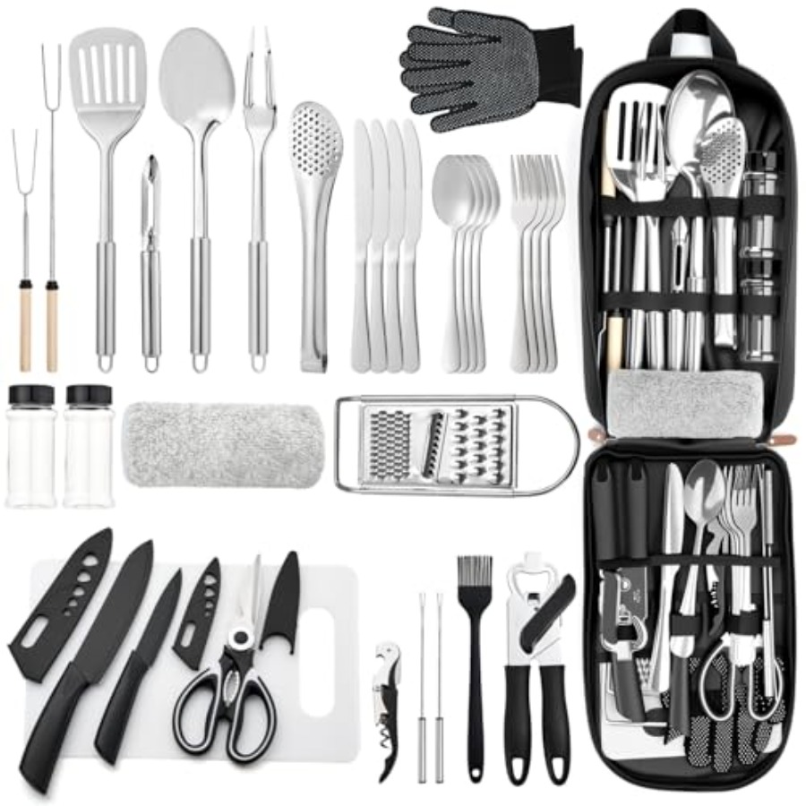 Camping Cooking Utensil Organizer - Portable Camping Kitchen Utensil 34 Pcs